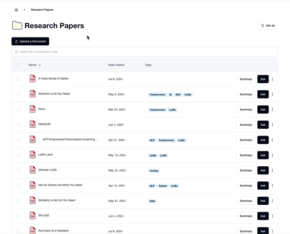 DocuAsk document library showing research papers ready to summarize