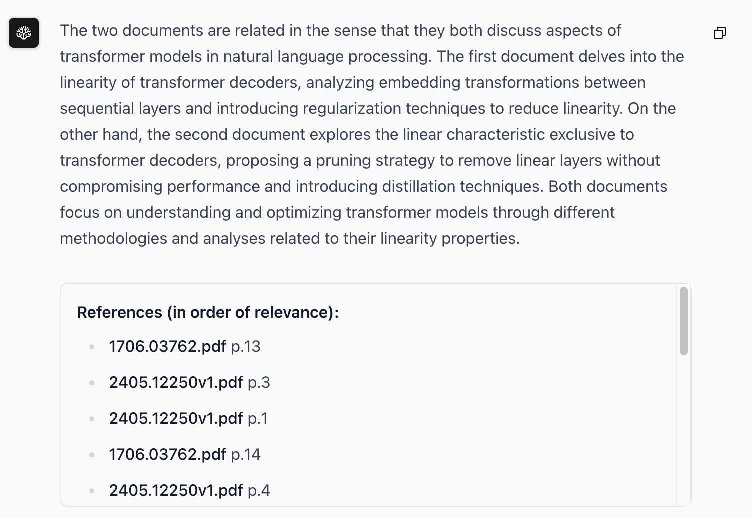 Archived Coral AI answer showing a list of source-page references