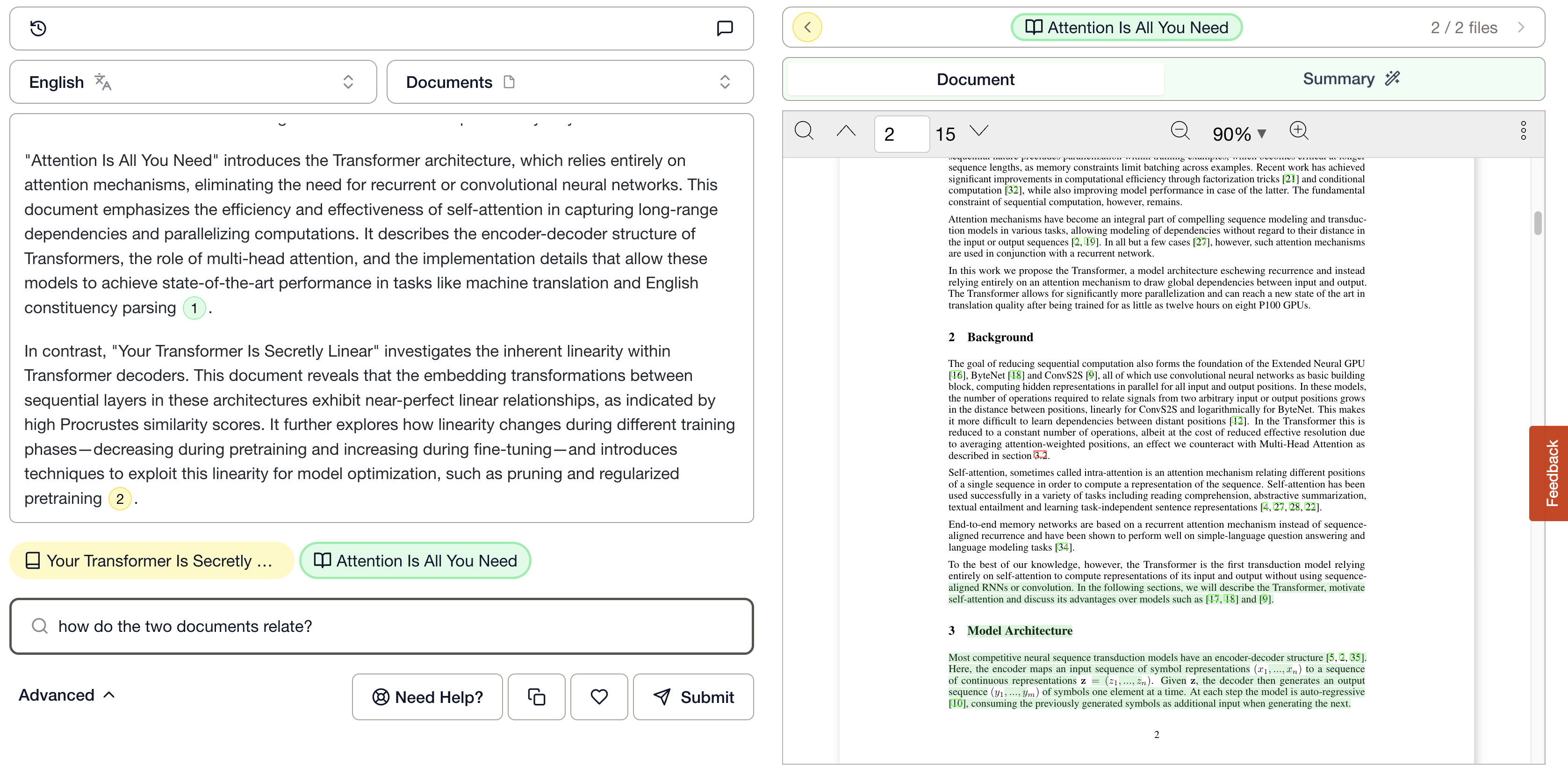DocuAsk comparing two papers with colour-coded inline citations beside the source PDF