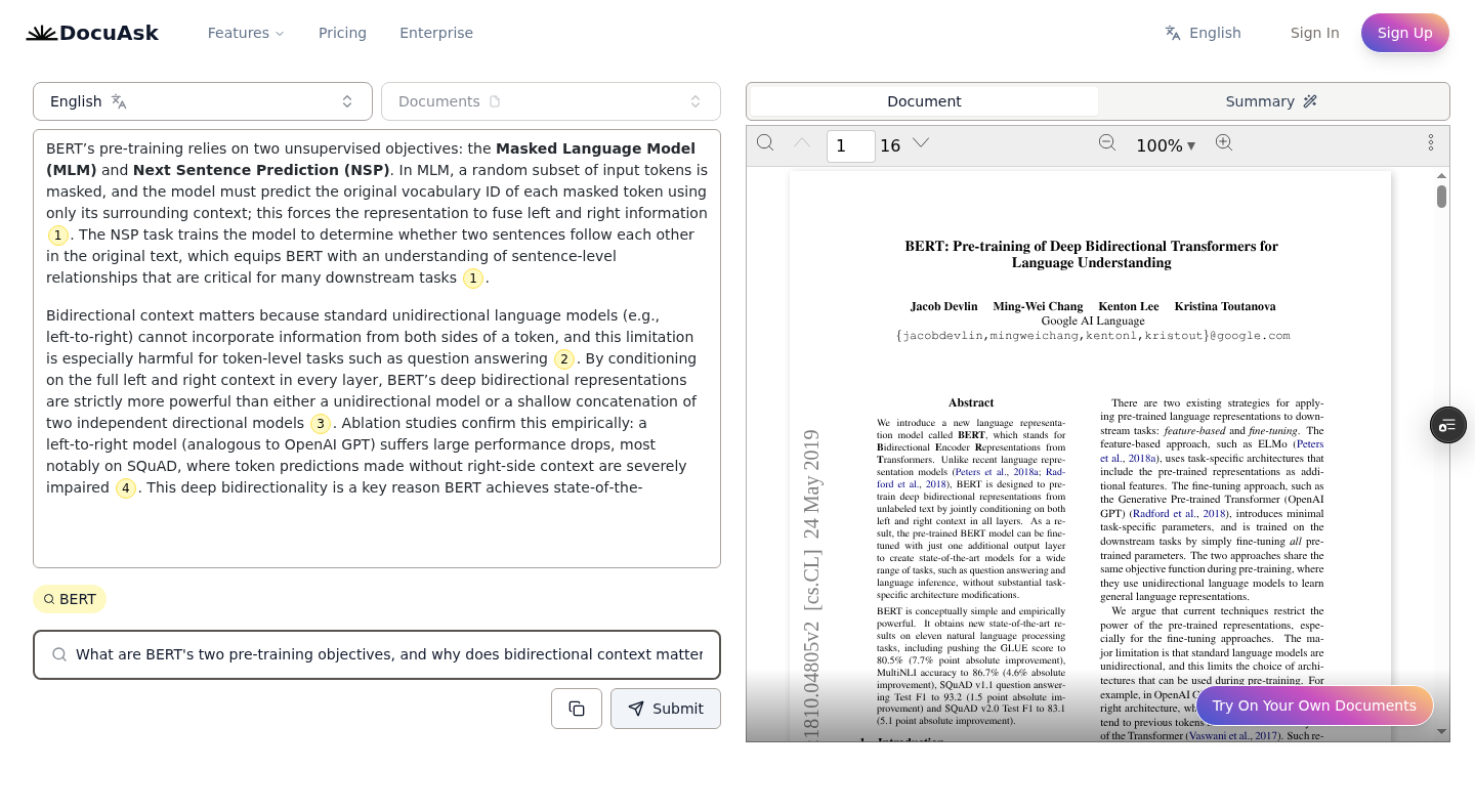 DocuAsk public PDF trial answering a question about the BERT paper with four visible citations beside the source
